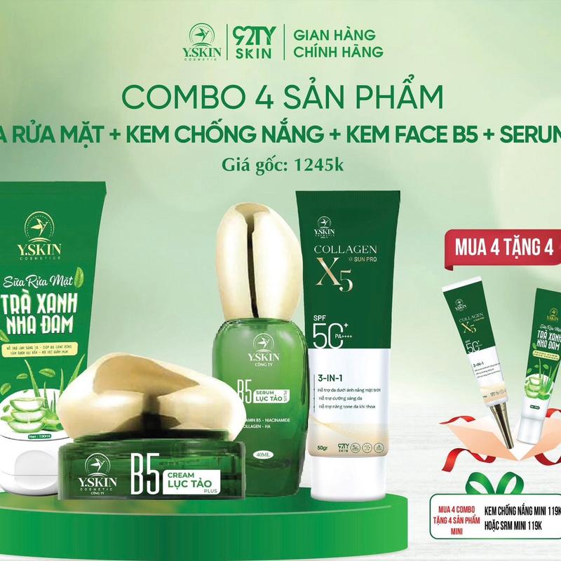 TẶNG son COMBO 4 SẢN PHẨM : sữa rửa mặt - kem chống nắng - kem B5 lục tảo- seurm B5 lục tảo Yskin
