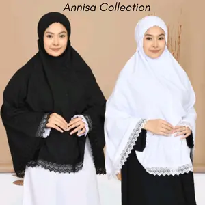 Annisa Collection Bergo Umroh & Haji Bersaku Resleting Hijab Umroh Muslim Instan Kerudung Renda Nyaman Putih Hitam Dewasa Panjang Pendek