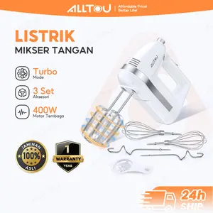 ALLTOU Hand Mixer Turbo 5 Kecepatan 400W - Motor Tembaga Stainless Steel, Gratis 6 Aksesori, untuk Pengocok Putih Telur & Daging Cincang