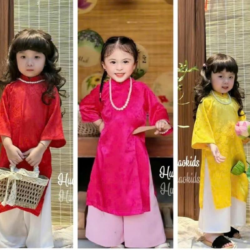  Áo dài Tết cho bé gái cách tân chất lụa gấm cao cấp Tết 2026 cho bé Size đại 43kg DA03 PRO 