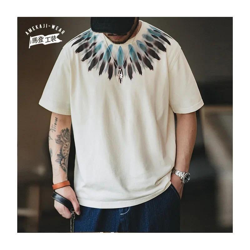 MADEN Áo Thun Nam Mẫu In Lông Chim | 260gsm 100% Bông Dày Mẫu Đồ Hoạ Dân Tộc Tay Ngắn Phong Cách Retro COD #FYP