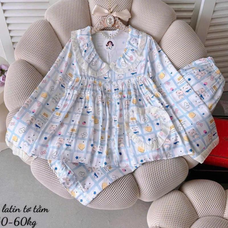 Size 40-60kg-Đồ Bộ Lụa Latin Tiểu Thư Cao Cấp Cổ Tim In Full Họa Tiết 5D Queen Tay Dài Quần Dài TDQD Mềm Mát Mặc Nhà Cao Cấp Pijama Mặc Nhà Women Nữ