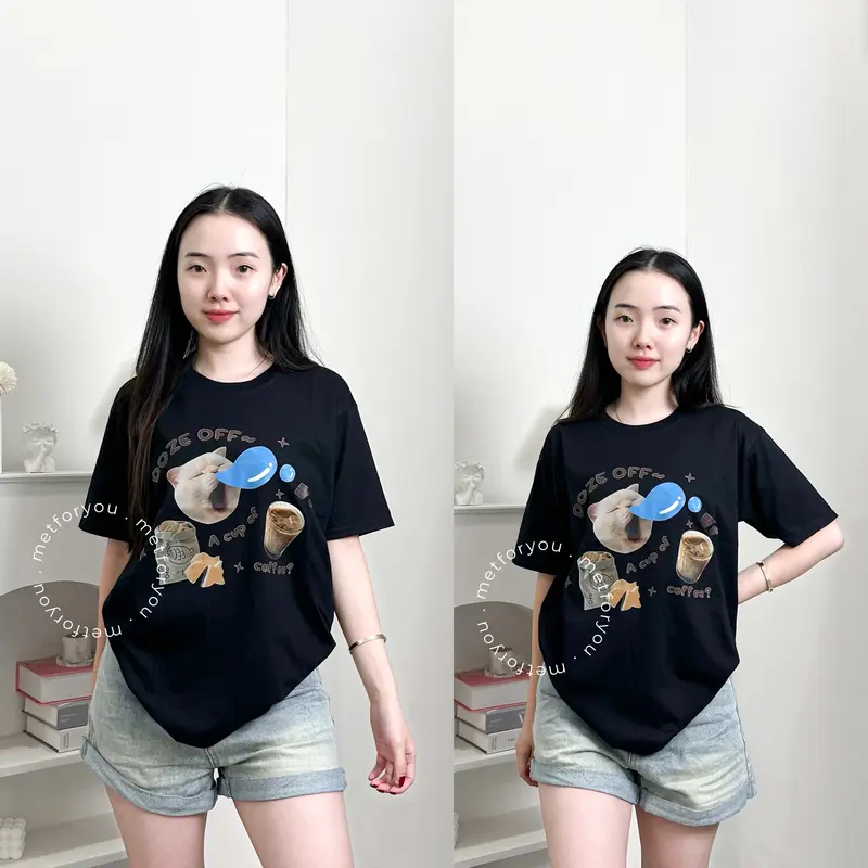METFORYOU Kaos Wanita Oversize Katun - Doze Off Coffee Cat 3