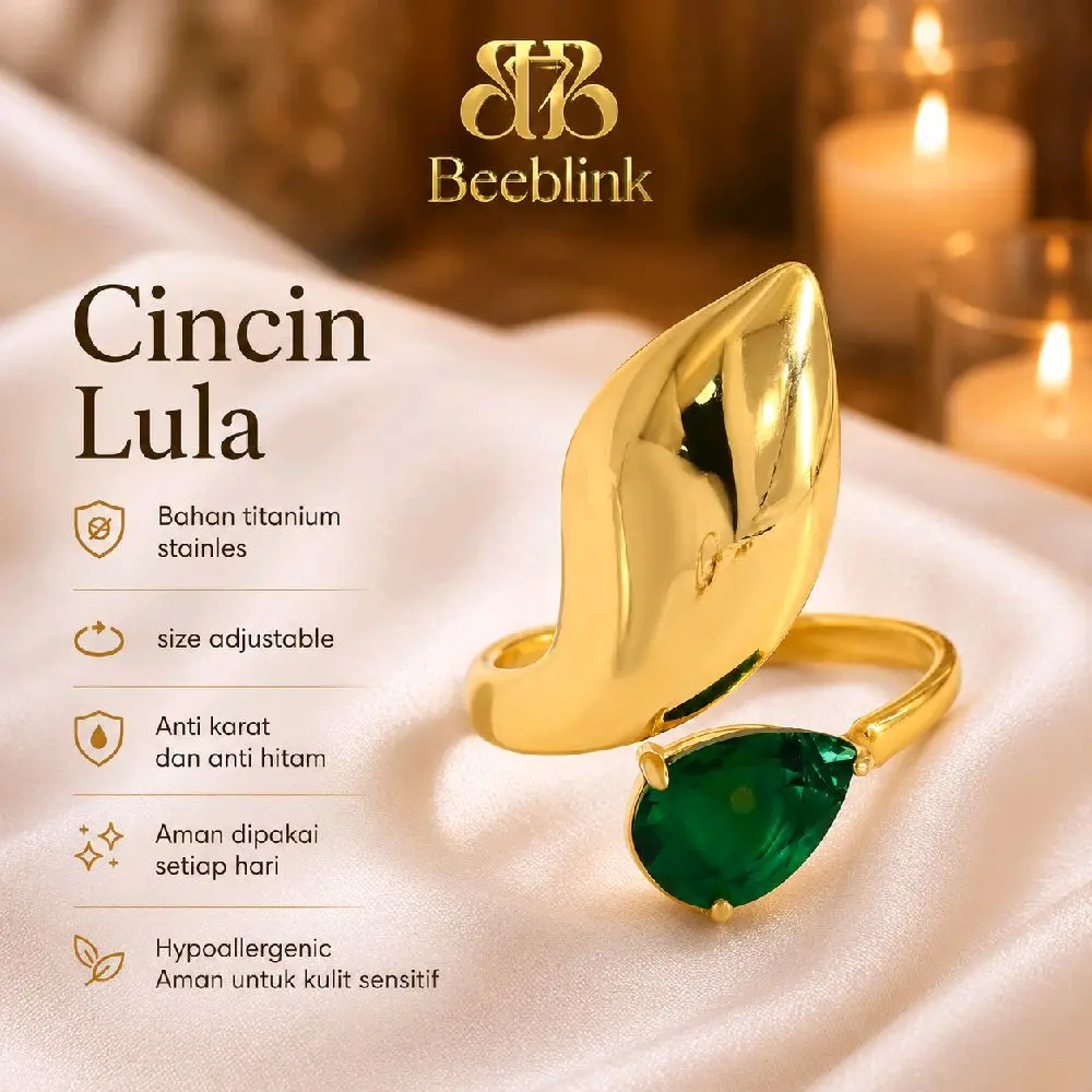 Cincin Titanium LULA green emerald adjustable stainless steel anti karat permata hijau emerald terbaru cincin statement aesthetic vintage Rings Perhiasan Gold Emas
