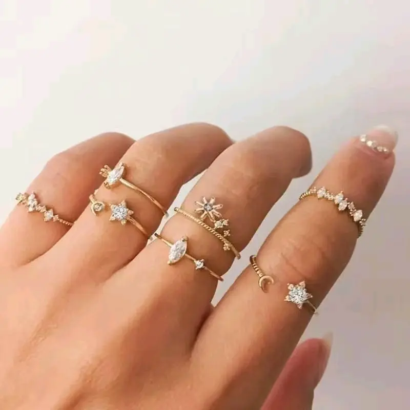 Cincin Vintage Gold Crystal | Ring Bohemian Moon Star | Rings Women Finger | Ring Wedding Retro Emas Perempuan Titanium 1