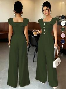 Pantalones de mujer con cuello cuadrado, volantes y cinturón con botones delanteros; pantalones largos ajustados casuales para primavera y otoño; atuendo elegante para ir a la oficina
