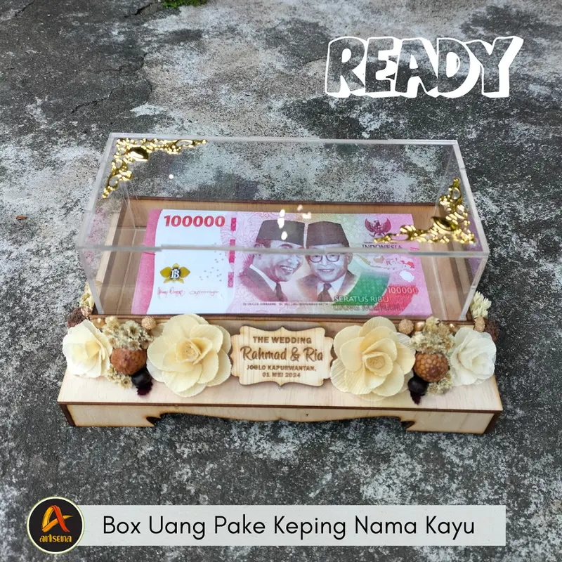 Box Mahar Uang Seserahan desain Rustic Tutup Akrilik Bisa Pakai Nama Mempelai / Kotak Mahar Bunga Rustic Gold 2