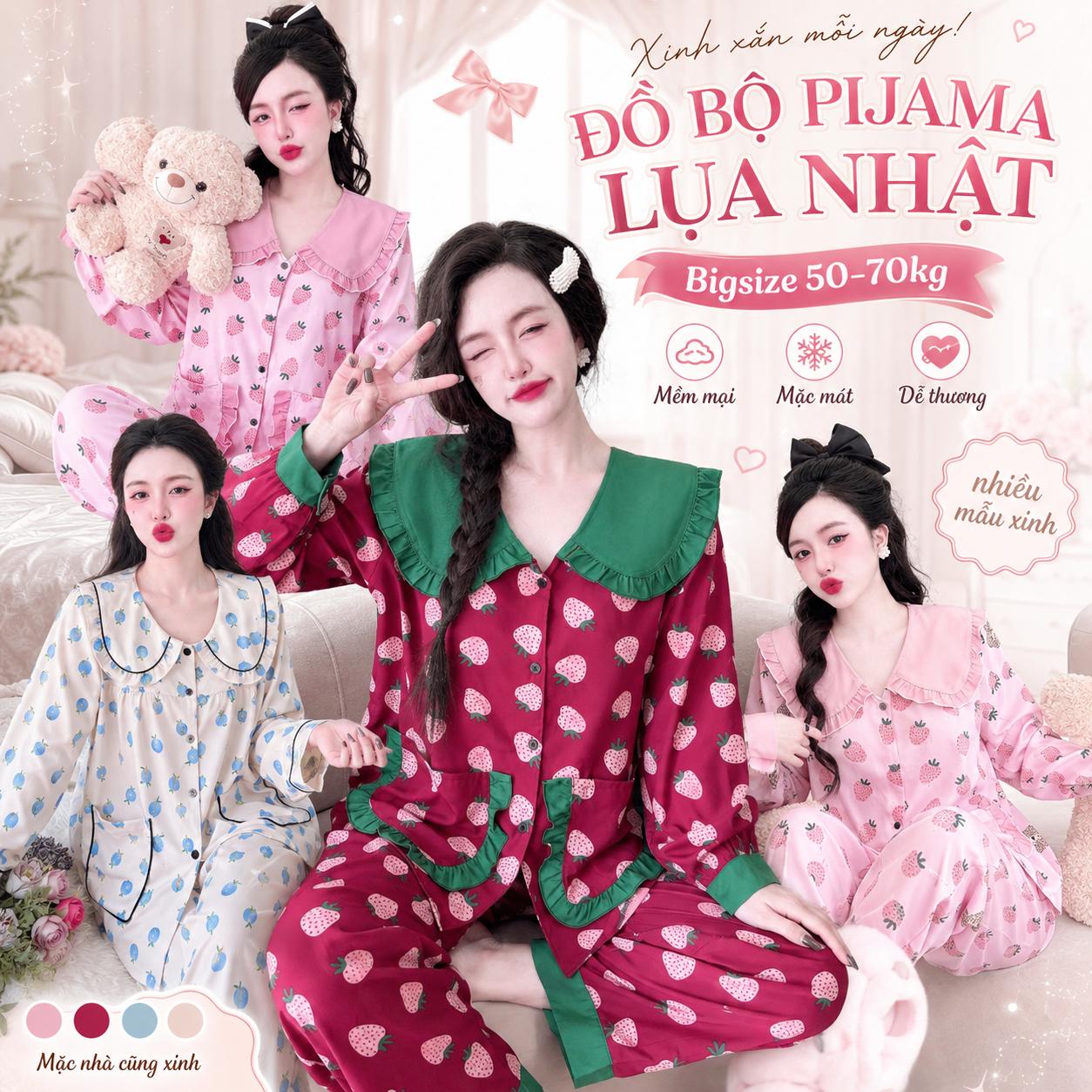 Đồ Bộ Đồ Ngủ Mặc Nhà Nhiều Kiểu Vải Lụa Nhật Nữ Bigsize 50-100kg, Pijama Tay Ngắn Quần Dài Form Rộng Sang Xinh - A.TH6LN