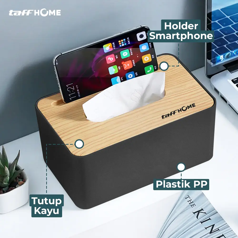 TaffHOME Kotak Tisu Kayu Tissue Box dengan Holder Smartphone