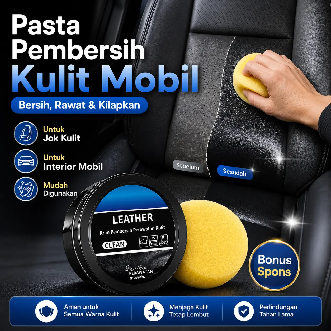 Krim Perawatan Kulit Mobil 120g-Krim pembersih perawatan kulit pembersih dekontaminasi jamur sofa kulit pembersih interior mobil bantalan pakaian kulit krim penghilang jamur Pembersih  Dashboard & Doortrim Bonus Spons Untuk Mobil, Sepatu, Tas & Akseso Kul