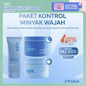 Light+ Paket 3 pcs Low pH Nano Niacinamide Whip Face Wash, Hydrashot Intensive, Glowshot Day Moisturizer | Cream Bright Pelembab Pemutih Wajah Facial BPOM Sabun Cuci Muka Lightening Light Plus Light+ Lite Liteplus Lite+ Skincare