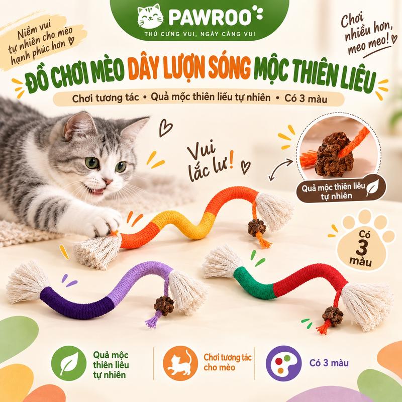 Đồ chơi dây thừng gặm cho mèo, có thể thêm cỏ bạc hà tự nhiên; có sẵn 3 màu