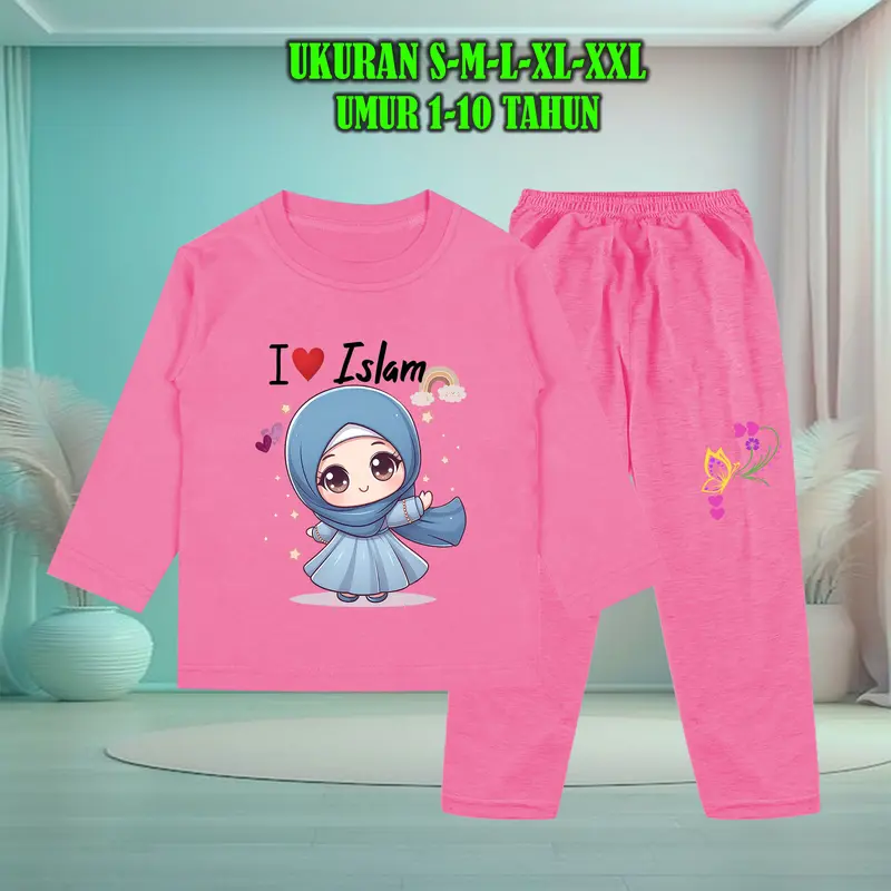 Setelan Baju Anak Tidur Gambar Anak Soleh Muslim Lengan Panjang dengan Sablon Berkualitas - Baju Anak Fashion Celana 4