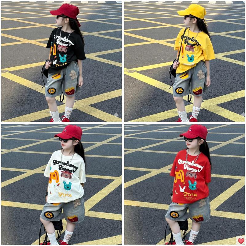   MinMinKid2   19-55kg dưới 1m6  Set áo thun cotton in hoa tiết HOẠT HÌNH đáng yêu phối quần ngố cá tính cho bé gái 