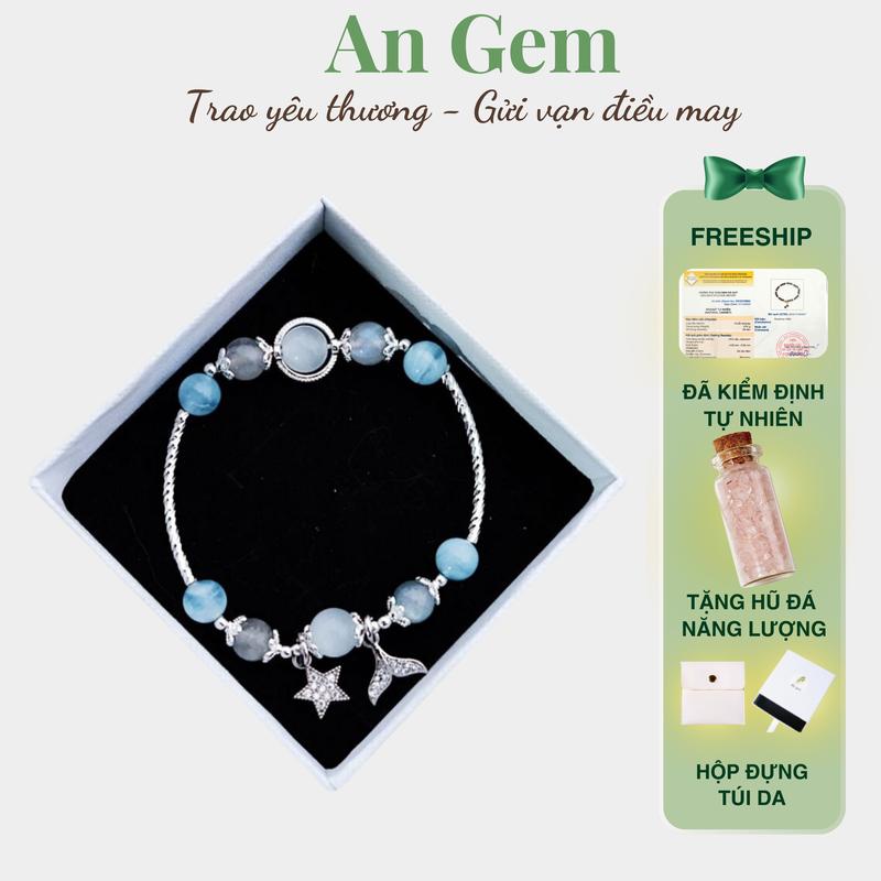 Vòng tay đá tự nhiên phối charm thiết kế An gem, lắc tay nữ đá màu xanh dương mix xám xanh Aquamarine mix Labradonite) phụ kiện đeo tay phong thuỷ quà tặng sinh nhật giáng sinh Noel Tết Valentine [TẶNG HŨ ĐÁ NĂNG LƯỢNG]