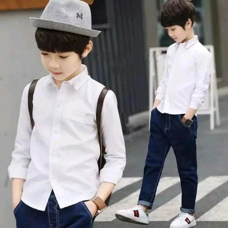 Kemeja Polos Anak Usia 1-14 Tahun Kemeja Anak Laki-laki Lengan Panjang Formal anak atasan Baju Katun Putih Hitam Cowok 6