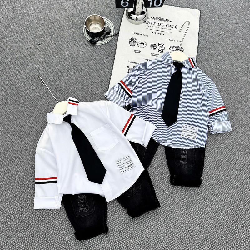 Bộ áo sơ mi kẻ dài tay boy phố và quần jean bò 10-30kg[Nhâm kids96] sơ mi