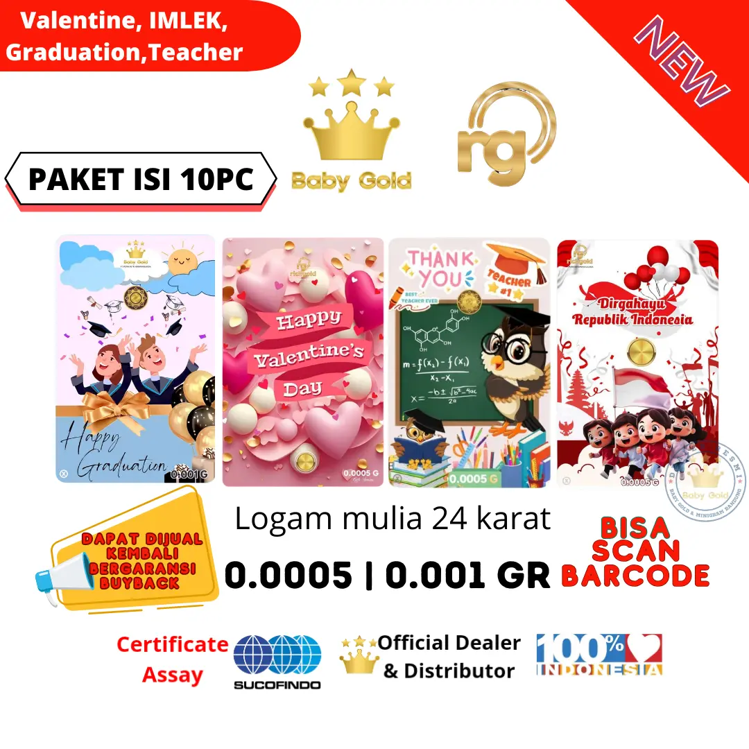 EMAS BABY GOLD EDISI GRADUATION 0.001 | VALENTINE 0.0005| IMLEK 0.0005| TQ TEACHER 0.0005 GRAM PAKET ISI 10PC FREE ONLY LIVE