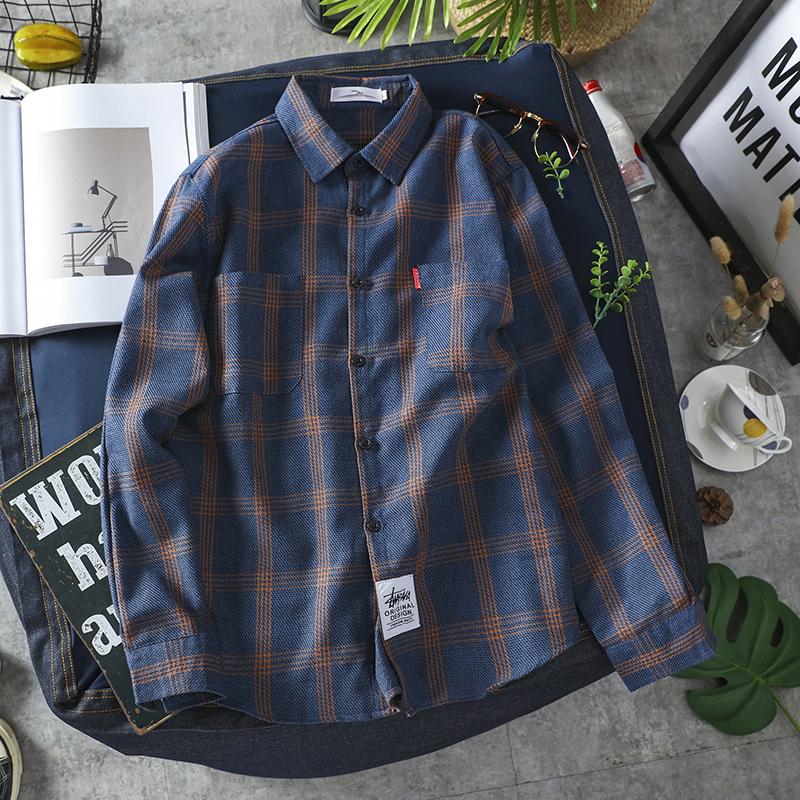 Áo Sơ Mi Phong Cách Nhật Bản Cổ Điển Cho Nam, Áo Sơ Mi Họa Tiết Lưới Màu Cam Và Xám, Áo Sơ Mi Kẻ Sọc Dài Tay Thường Ngày, Áo Khoác