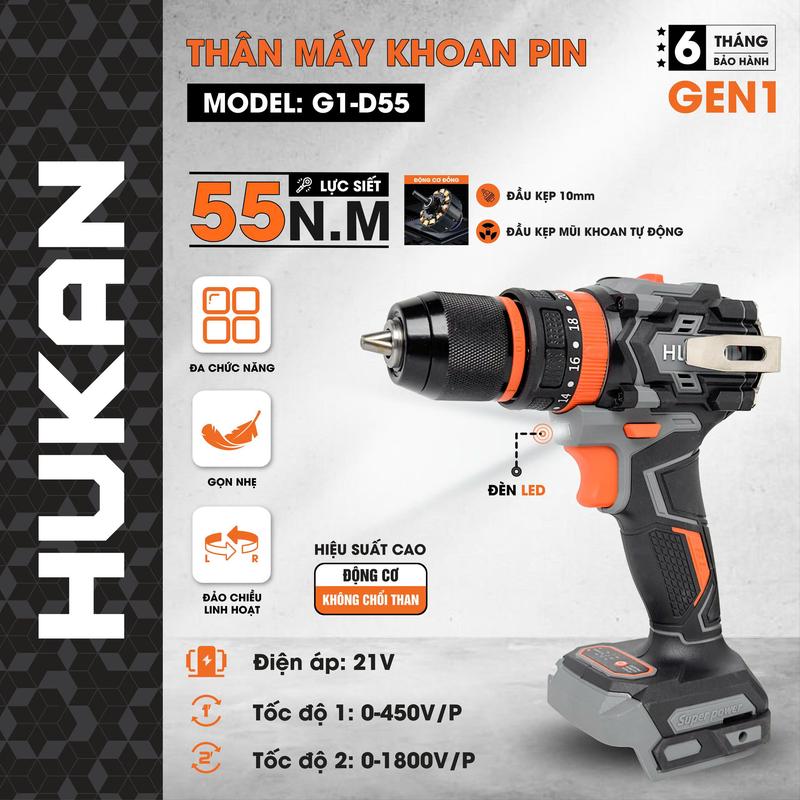 NEW Thân Máy khoan pin Hukan G1-D55 đầu autolook 10mm lực siết 65N chân pin phổ thông