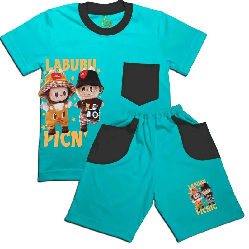 Stelan kaos anak karakter lucu Labubu picnic berbahan lembut usia 2-8th Fashion Celana Set Katun 1