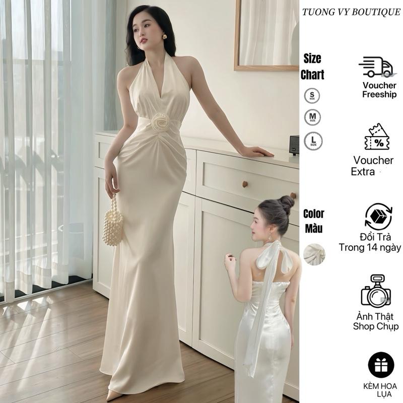 CỔ V-KÈM HOA CÓ MÚT Váy Lụa Dự Tiệc Cưới Hở Lưng Dáng Dài Đuôi Cá Màu TRẮNG TINH Nhấn Li Hông Sang Chảnh Dành Cho Nữ - TV098