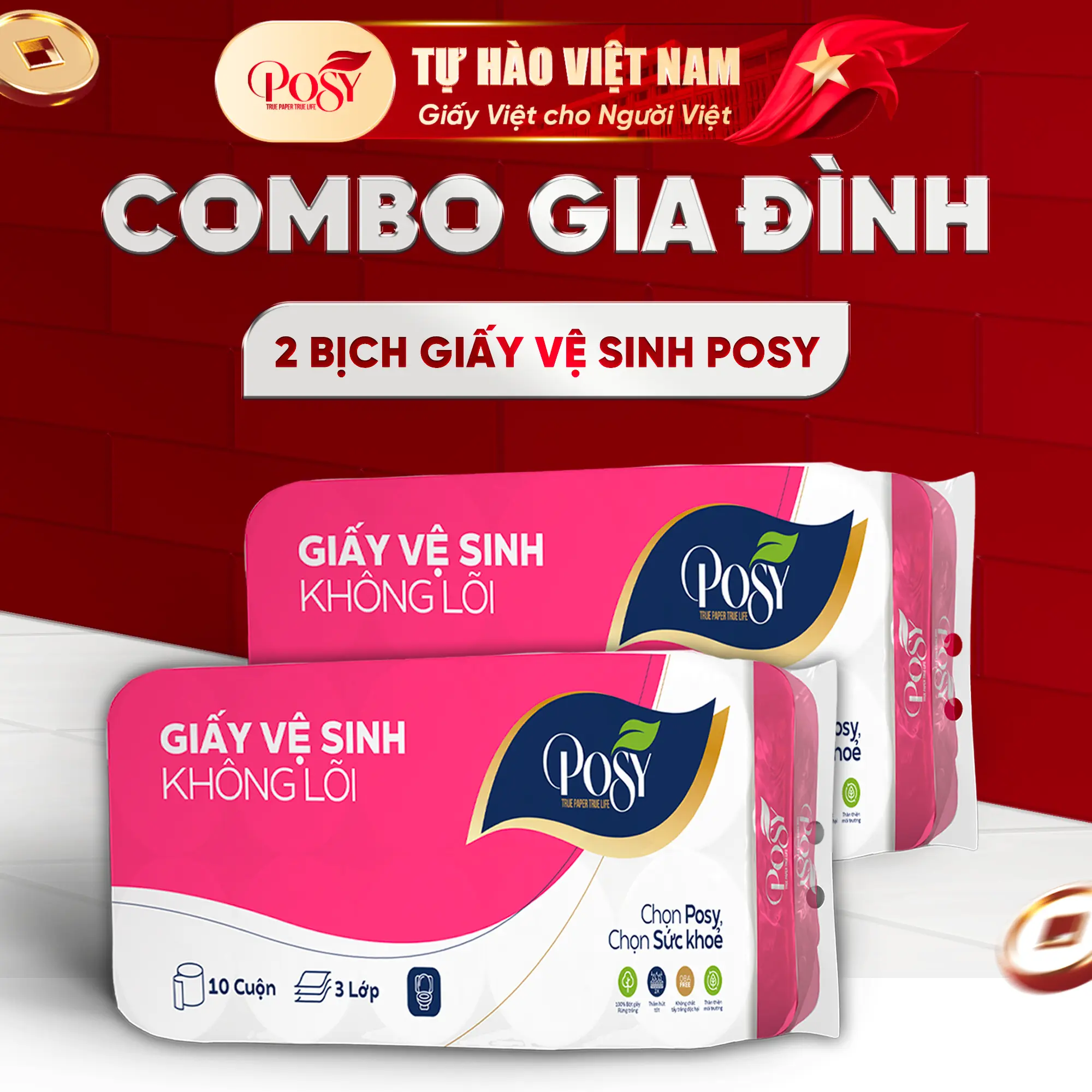 POSY - COMBO GIA ĐÌNH 02 BỊCH GIẤY VỆ SINH 10 CUỘN 3 LỚP CÓ LÕI/KO LÕI - Mềm mịn, thân thiện với môi trường tan nhanh trong nước
