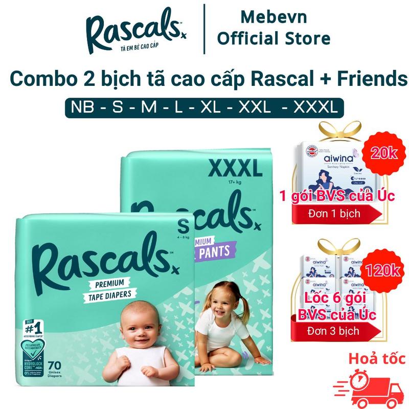 Combo 2 bỉm Rascal + Friends cho bé cao cấp siêu thấm hút size NB-XXL