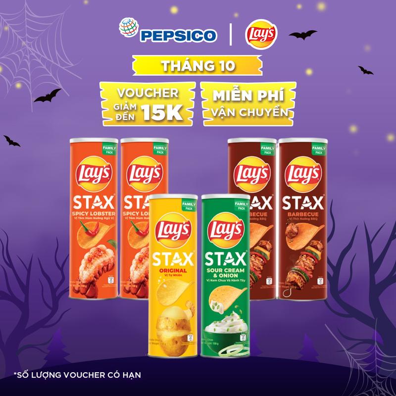 Combo 6 Snack Lay's Stax 150gr (Tự nhiên, 2 Thịt Nướng BBQ, 2 Tôm Hùm Nướng Ngũ Vị, Kem chua hành)