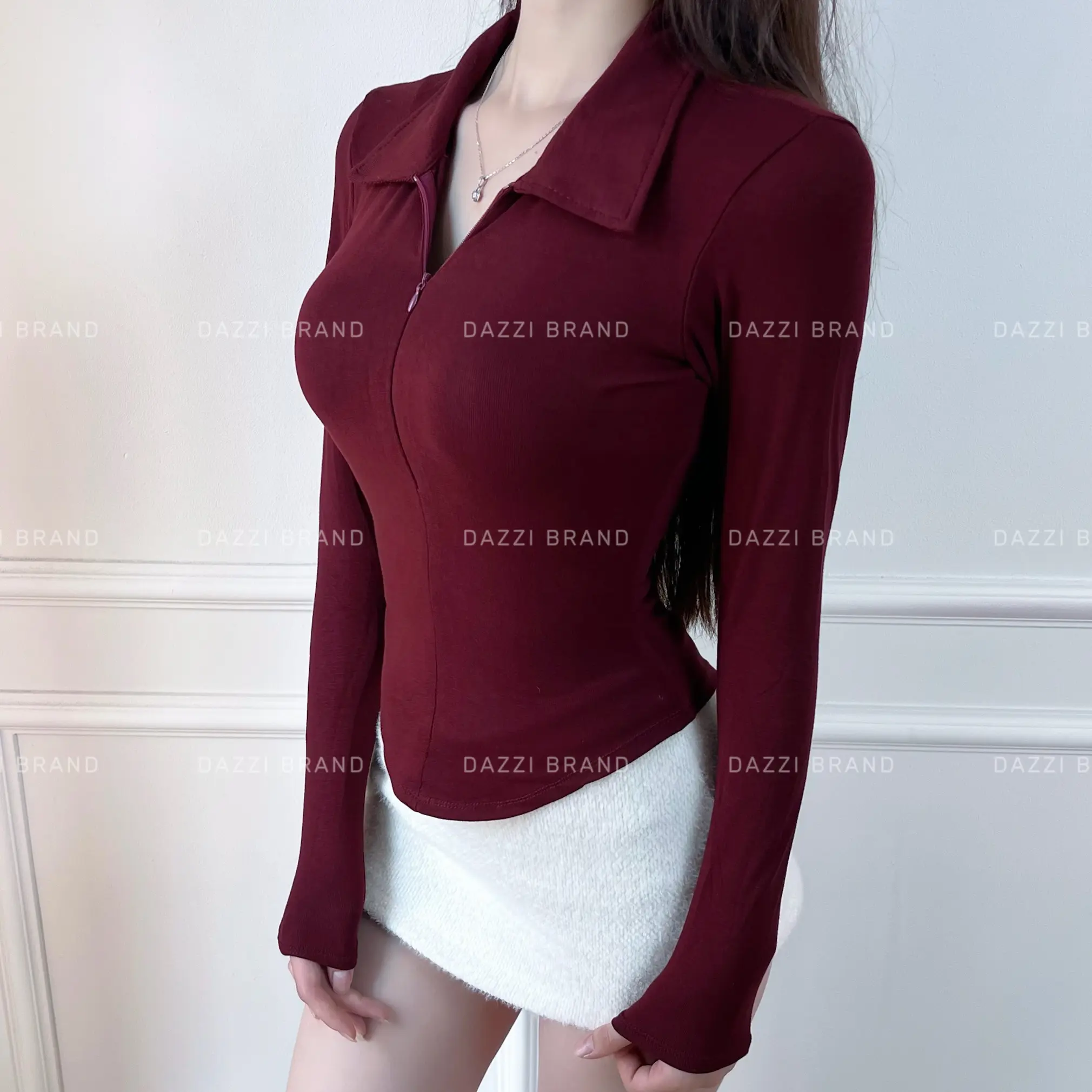 Áo thun nữ cổ bẻ tay dài phối dây kéo ôm dáng vạt bầu vải cotton mịn DAZZI Polo Women TD022 | BigBuy360 - bigbuy360.vn