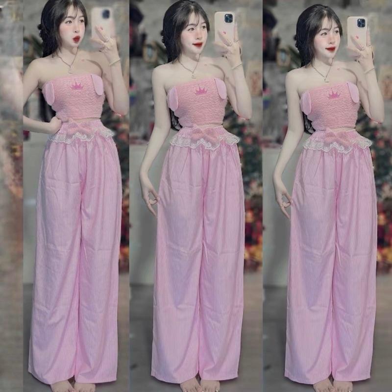 Set Bộ Đồ Nữ Hồng Áo CÚP LÔNG Tai THỎ Croptop + Quần Ống Xuông Rộng Sọc Hồng Lưng Chun Đính Nơ