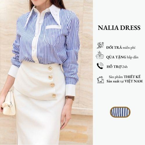 NALIA ROSE - Áo sơ mi công sở kẻ sọc thêu chuồn chuồn cúc bọc cổ đức tay dài kèm chân váy bút chì dáng dài màu trắng thanh lịch_D087