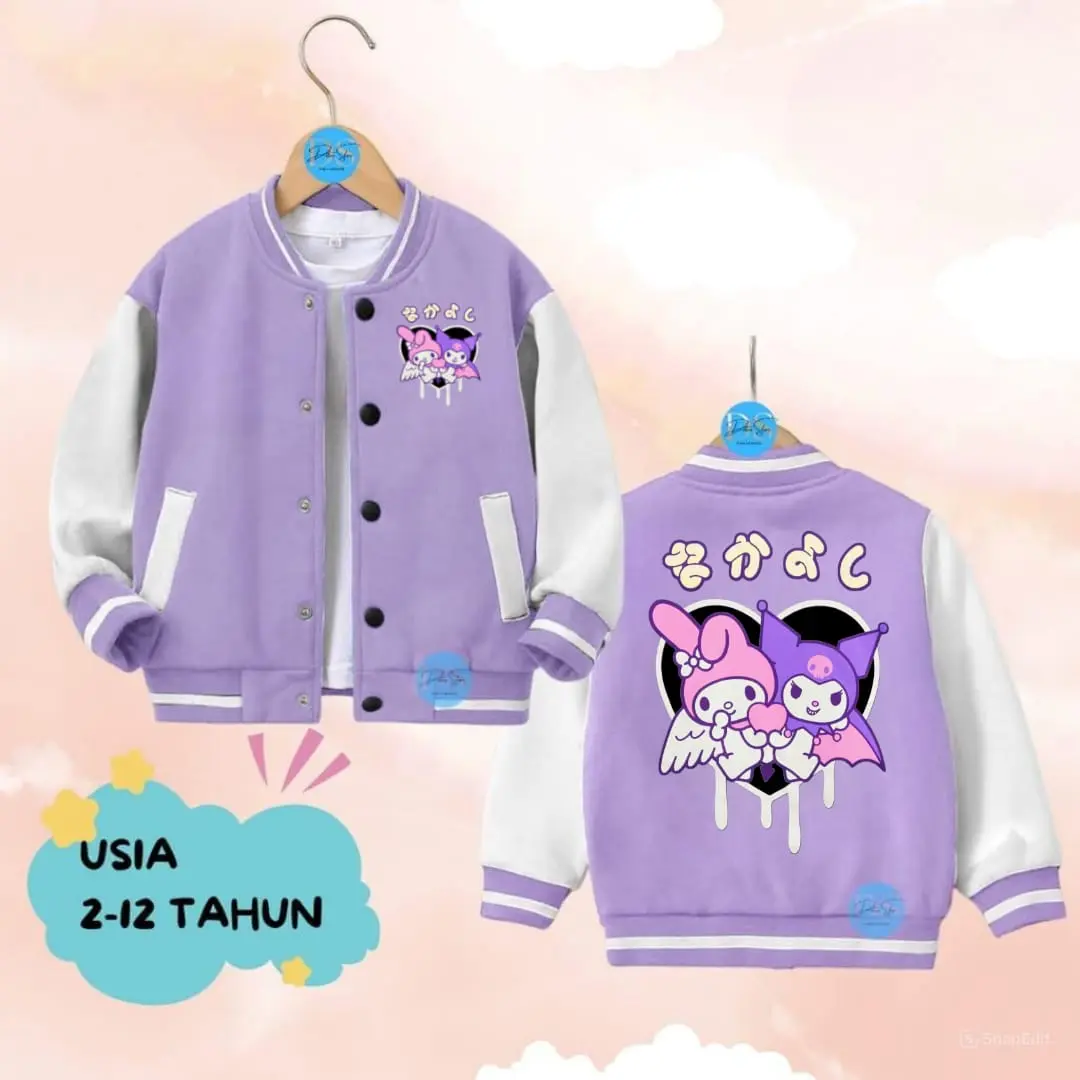 Jaket Anak Varsity Baseball Motif Twin Kuromi Melody Usia 2-12 Tahun Perempuan Bayar ditempat