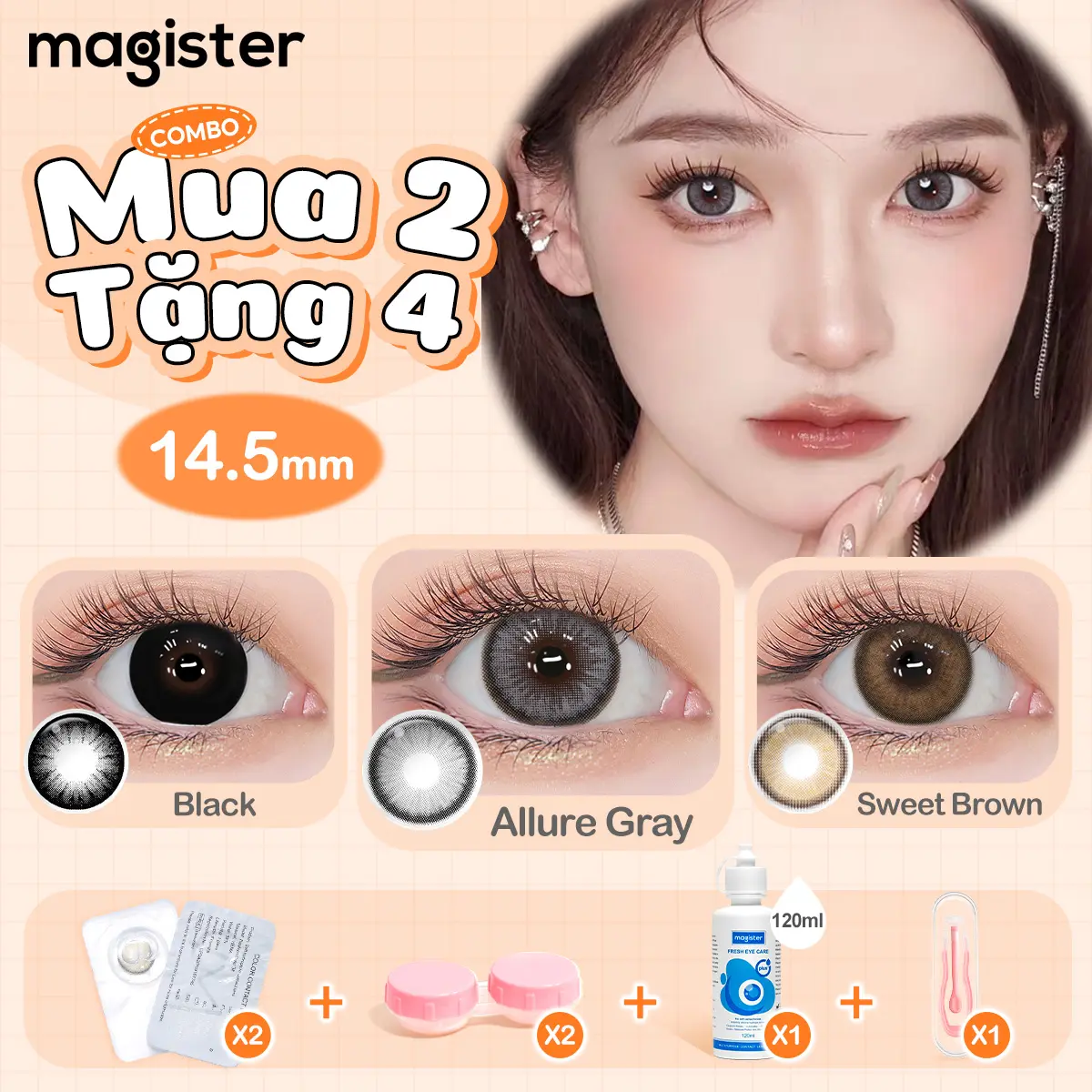 【TOP&COD】Magister Kính Áp Tròng Dộ 0~6.00 2PCS Black/Allure Gray/Sweet Brown 6 Tháng Kính Áp Tròng DIA 14.5mm Đôi mắt toí Đường kính lớn Khay miễn phí Lens