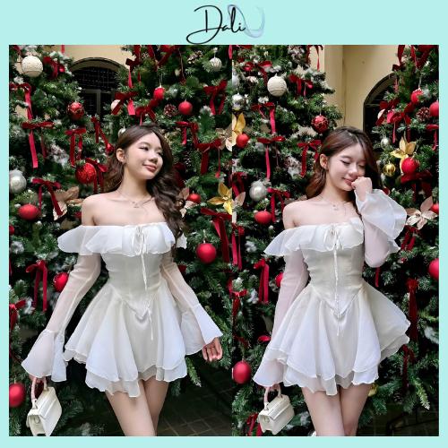 Váy Tơ Bèo Trễ Vai Cup Nguc Tay Loe Dáng Ngắn Xoè 2 Tầng - Tặng Kèm Quần Trong