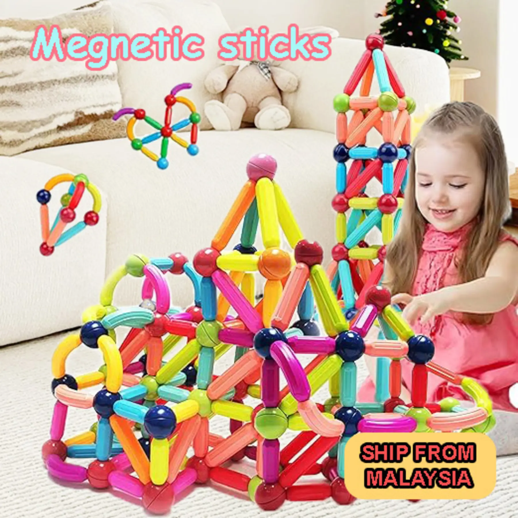 【COD】Magnetic Sticks Toy for Kids , Magnet Stick Balls Building Blocks,High Quality Non-toxic ABS 3D Geometry Learning Sensory Construction Blok Panjang
