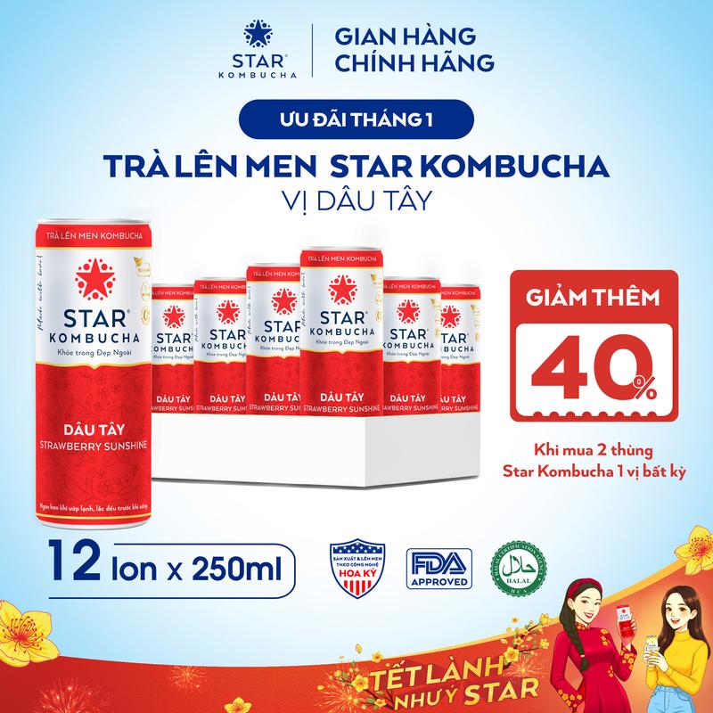  Thùng 12 lon trà STAR KOMBUCHA Dâu Tây  Strawberry  250ml lon - Trà lên men vi sinh bảo vệ sức khỏe 