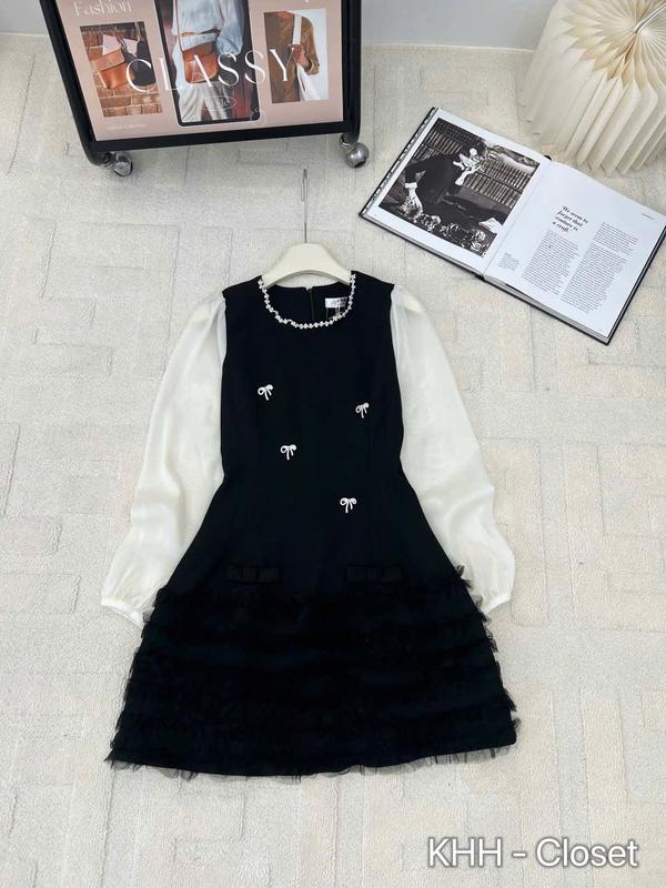 KÈM 4 TAG Đầm thiết kế tay dài cổ đính kết đá chân váy bè sang cho nữ N351 KEELIN BEAUTY