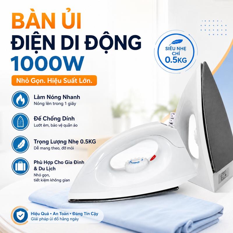 Bàn ủi điện mini 1000W nóng nhanh, bàn là hơi nước cầm tay màu xanh/trắng, đế chống dính, chống quá nhiệt, đa chế độ, làm phẳng khử nhăn quần áo