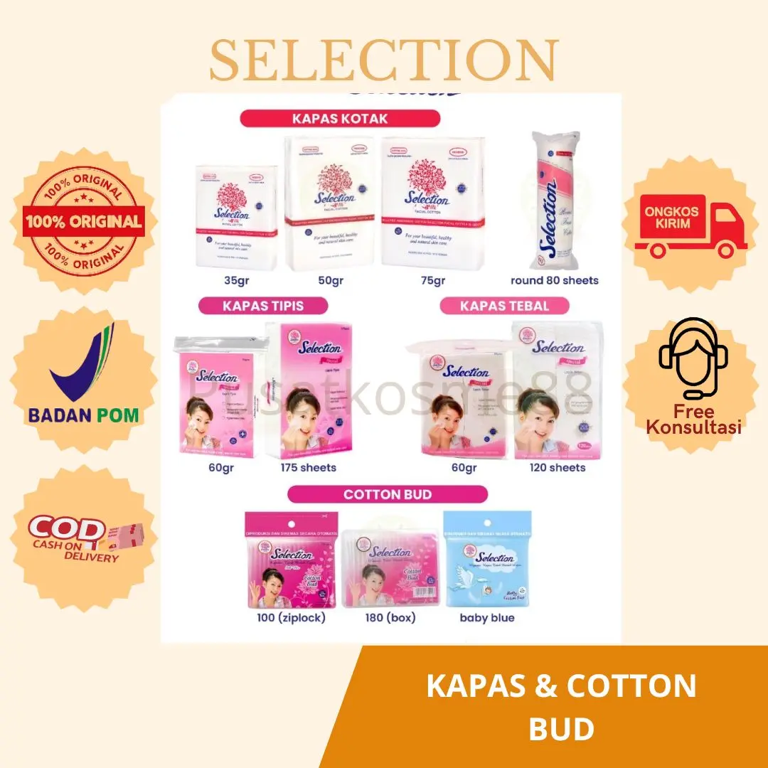 SELECTION - Kapas 35gr/50gr/75gr | Kapas Tipis 60gr/175pcs | Round | Cotton Bud Baby 100 | Kapas Tebal 60gr/120pc