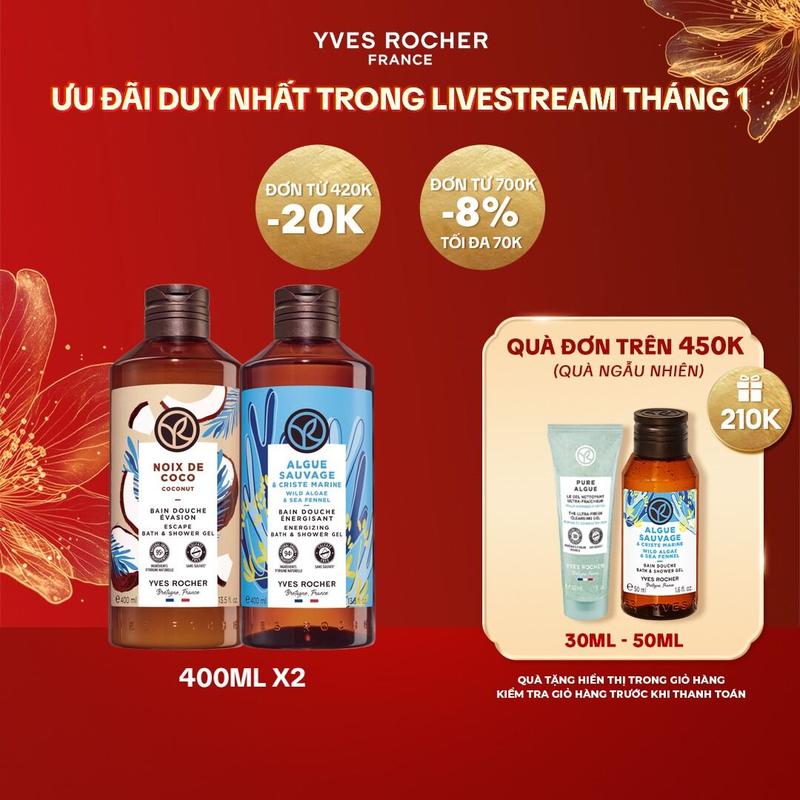   Livestream  Combo 2 Sữa Tắm Thiên Nhiên Không Sulfate Yves Rocher nuôi dưỡng da mịn màng 400ml khác mùi hương 