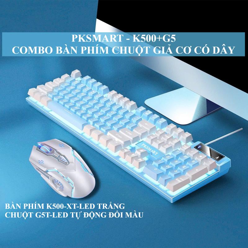  COMBO Bàn Phím Chuột Giả Cơ Có Dây - PKSMART K500+G5 - LED Xuyên Chữ - Nhiều Màu Đen Trắng Xanh Hồng 