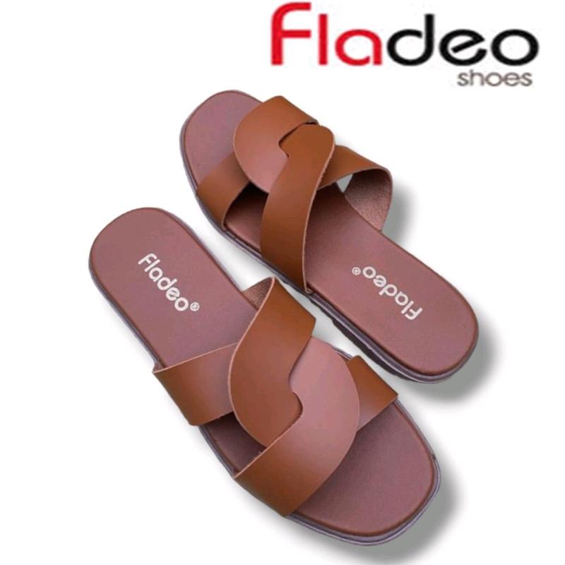 Sandal Slop Wanita Silang triple Terbaru Hak Datar 1 cm Kulit Sintesis/sandal flat wanita kekinian 5