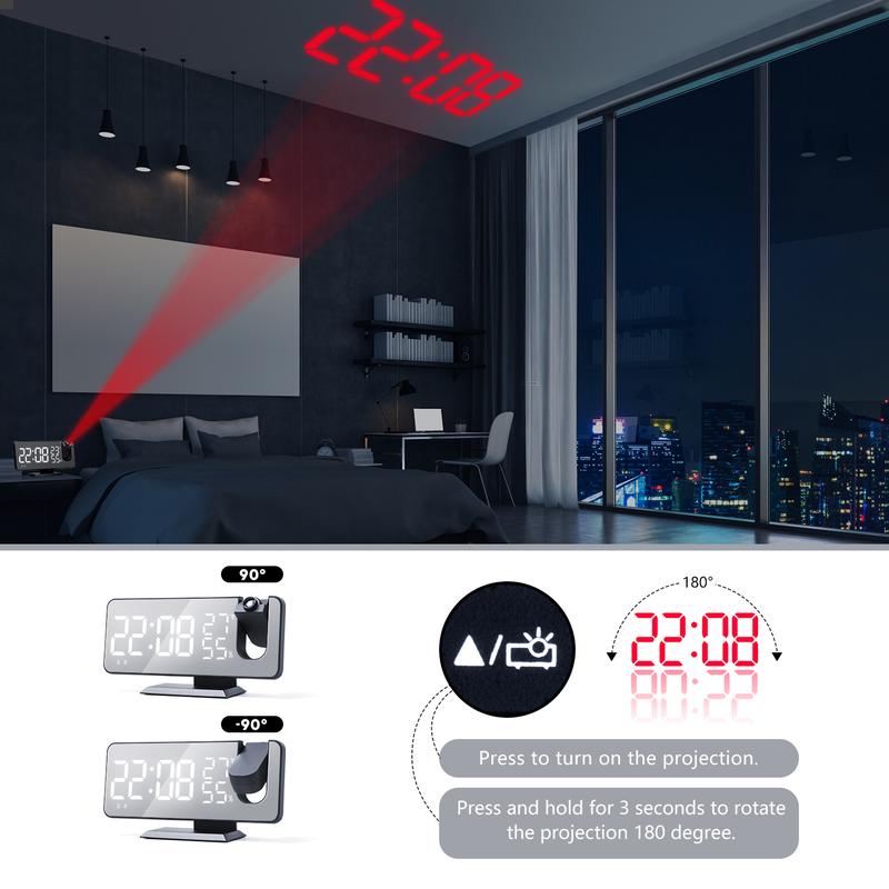 Product Introduction of 12/24H Music LED Digital Alarm Clock Table Electronic Desktop Clocks USB Wake Up FM Radio 180° Projector Snooze Function Dual Alarm Bedroom Bedside Mute Clock For Kids Mother Gift 39