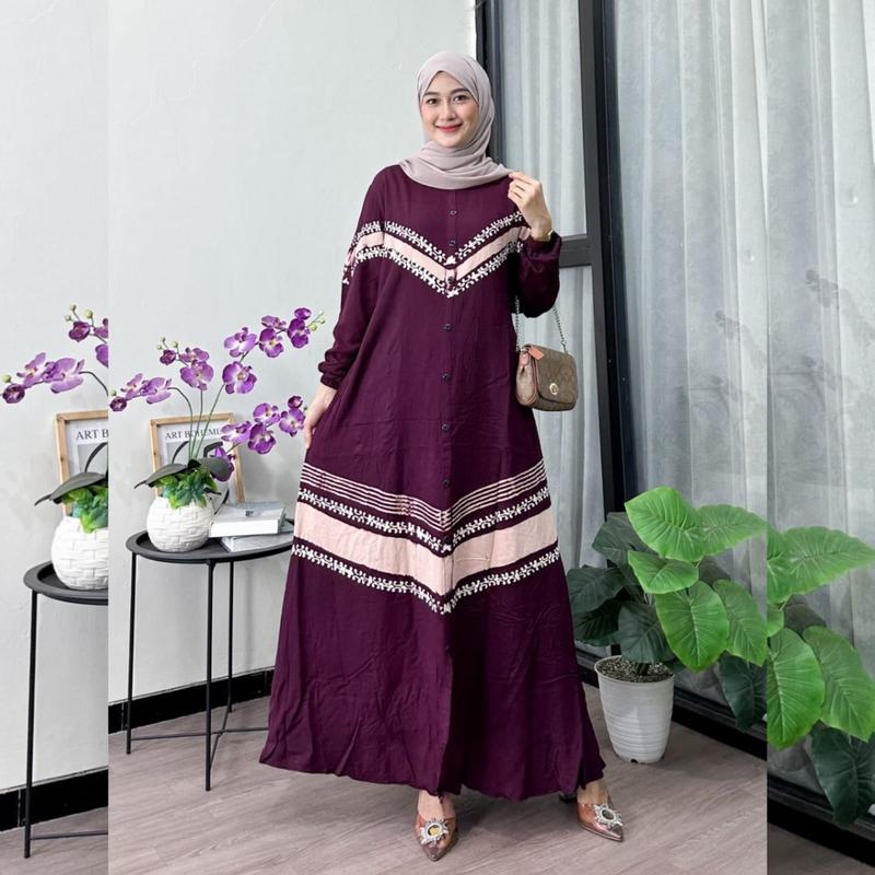 Naya Batik - Gamis Twill Ori Berkualitas Motif Batik Cap Malaman Bukan Sablon Busui Friendly Lengan Panjang Karet Model Tali Samping Full Kancing Dress Wanita Muslim Remaja Tanpa Rempel Nyaman Kain Rayon 7