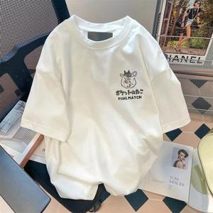 女性用半袖Tシャツ、袋猫プリントラウンドネック、ゆったり、純綿カジュアルトップス、ラウンドネック、ショルダーベルト、ゆったりシルエット、通気性、肩落ちデザインプリントTシャツ夏のゆったりタイプ