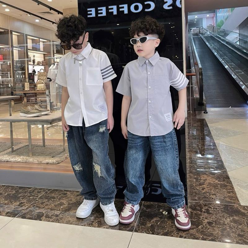 Cả Sét Áo Sơ mi Cộc Tay phối viền + Quần Dài xước và rách siêu hót cho bé iu