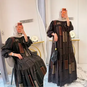 Leony Dres Motif Bunga Gamis Daisy Busui Rayon Lengan Balon Terbaru Muslim Cantik Nyaman untuk Ibu Menyusui