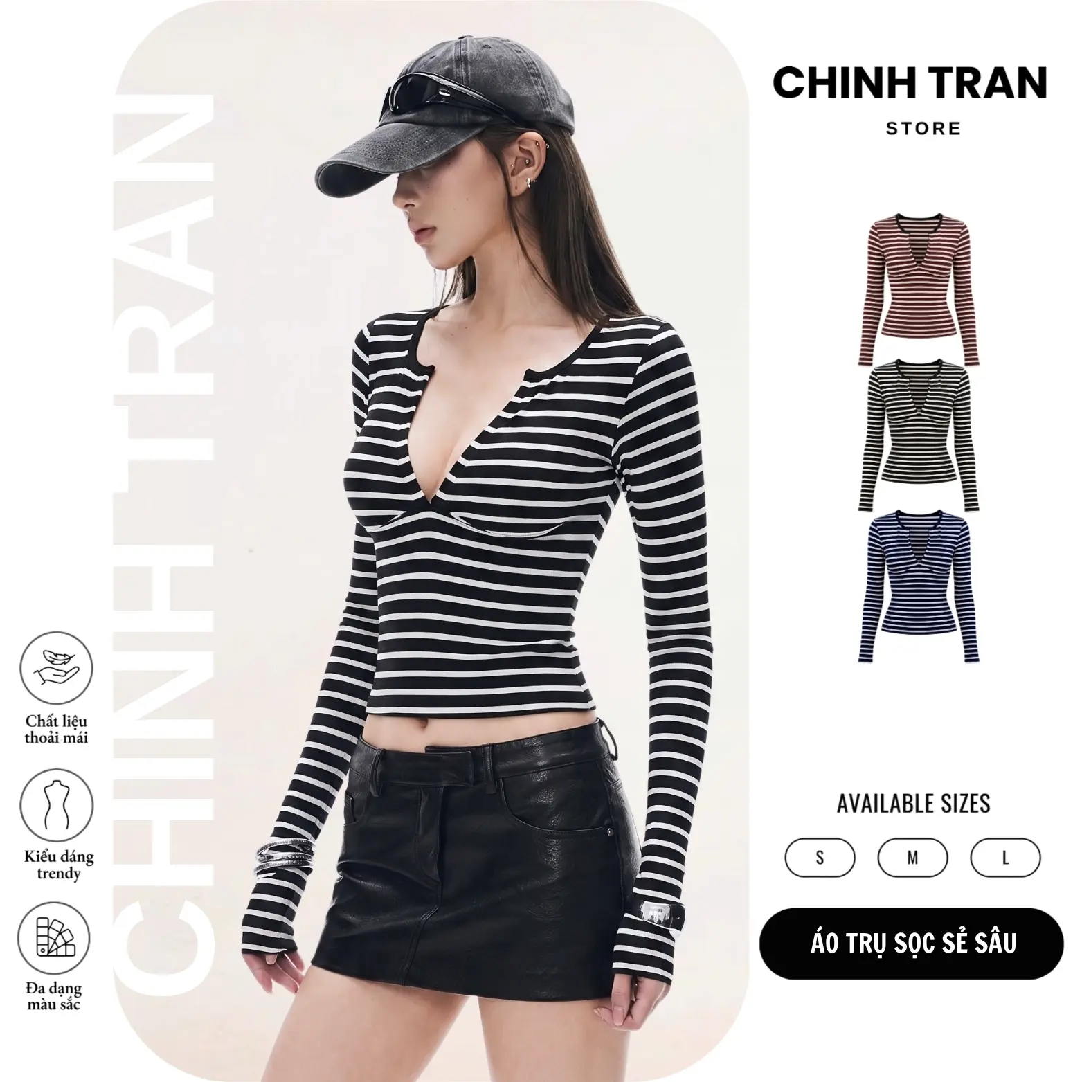 [MỞ BÁN] Áo Thun Nữ Cổ Trụ Sẻ V Tay Dài Kẻ Sọc Ngang Basic Sexy