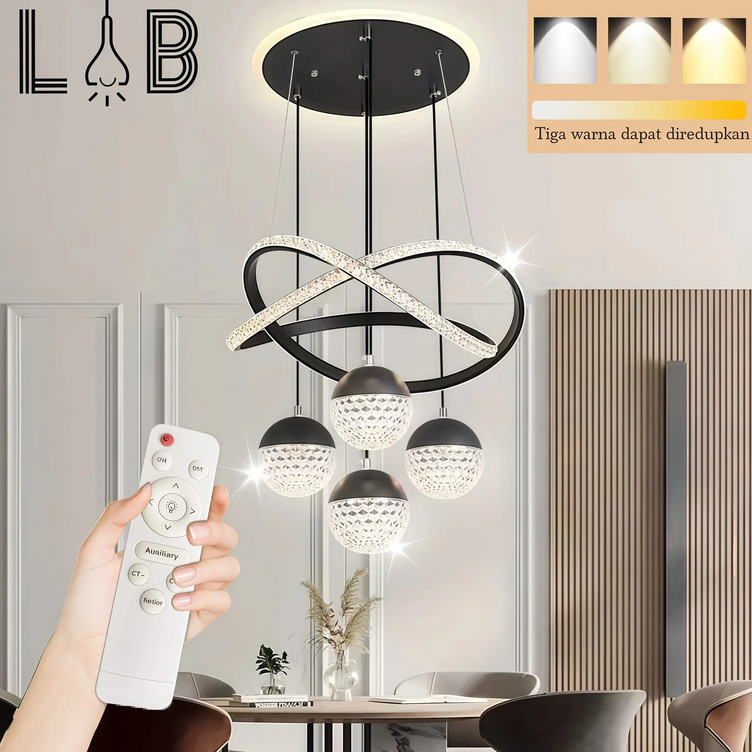 Lampu Gantung Kristal Modern Nordik    LED Tiga Warna Lampu Gantung Remote proyeksi Minimalisme  chandelier Restoran Ruang Tamu kamar tidur Dekoratif mewah Hitam Lampu Gantung